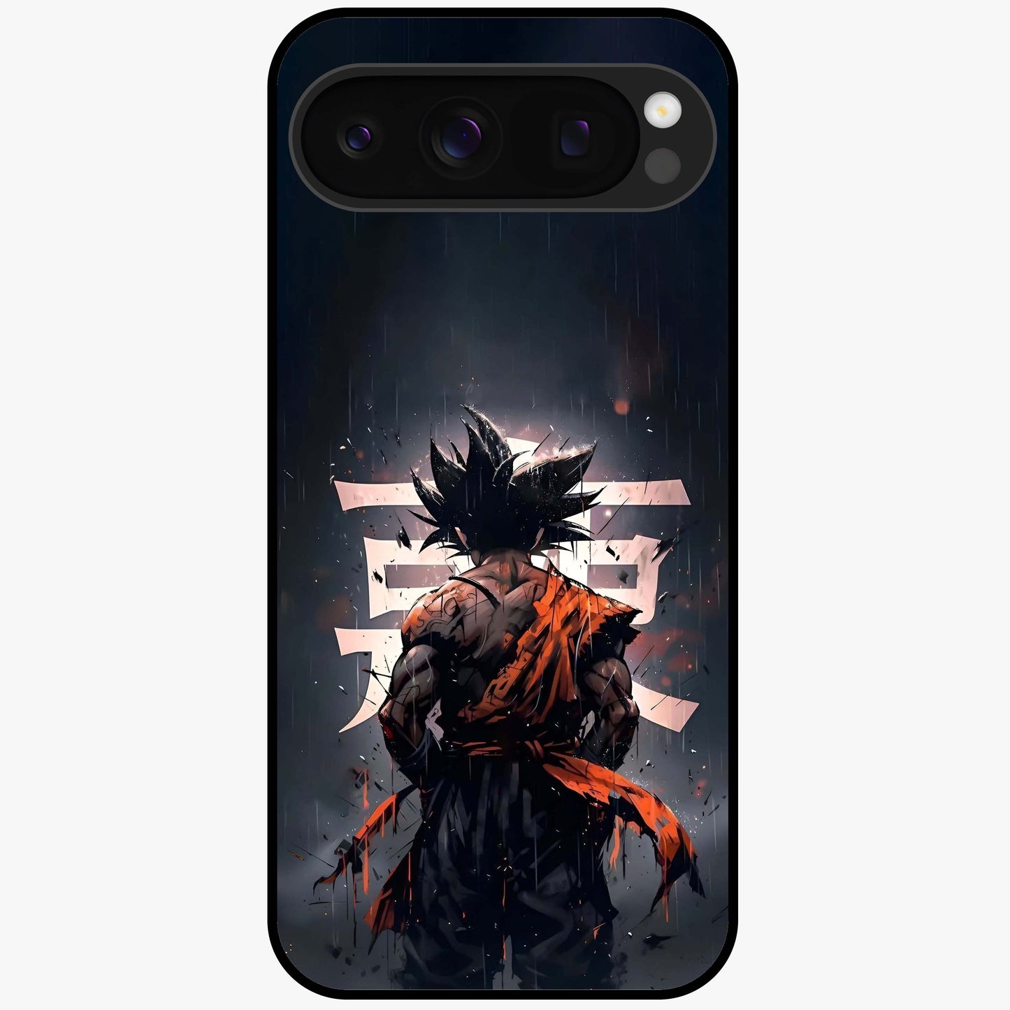 Dark Warrior In Rain Glass Case showing flat back view with warrior artwork in rainy atmosphere and glossy glass finish.