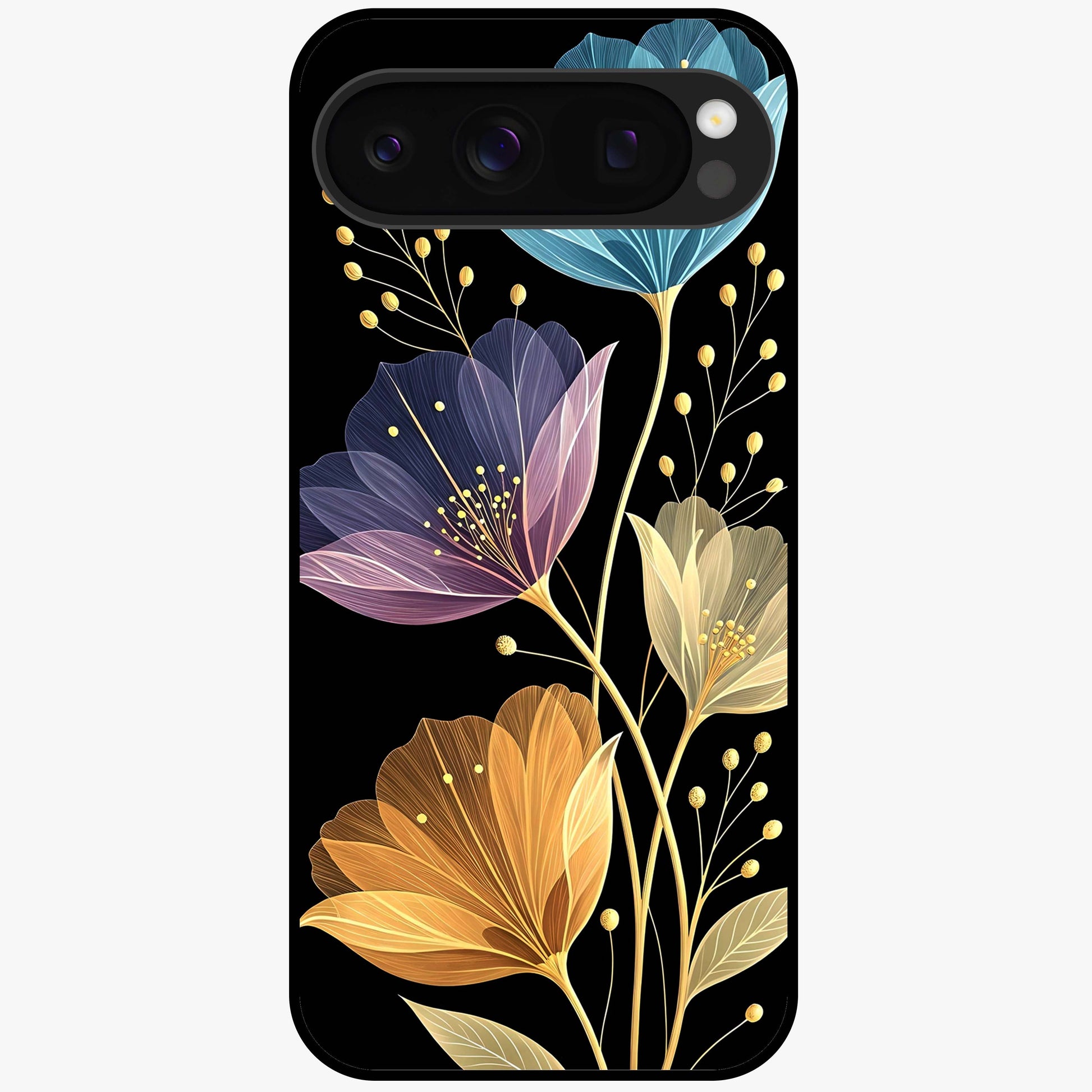 Delicate Multicolor Flowers Glass Case showing flat back view with vibrant floral artwork and glossy glass finish.