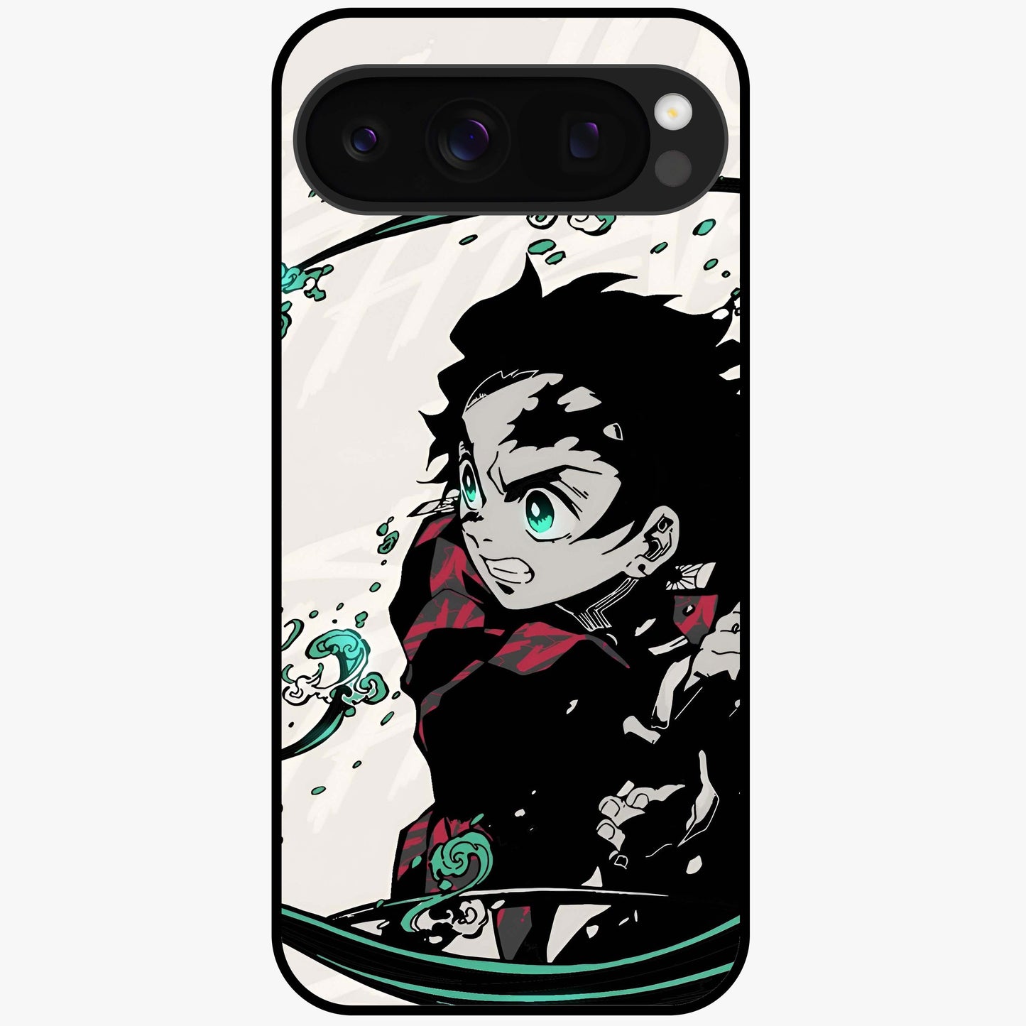 Demon Slayer Glass Case showing flat back view with bold anime inspired artwork and glossy glass finish.
