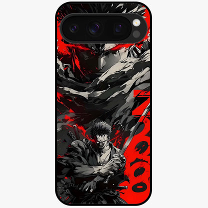 Demon Sword Resolve Glass Case showing flat back view with fierce sword warrior artwork and glossy glass finish.