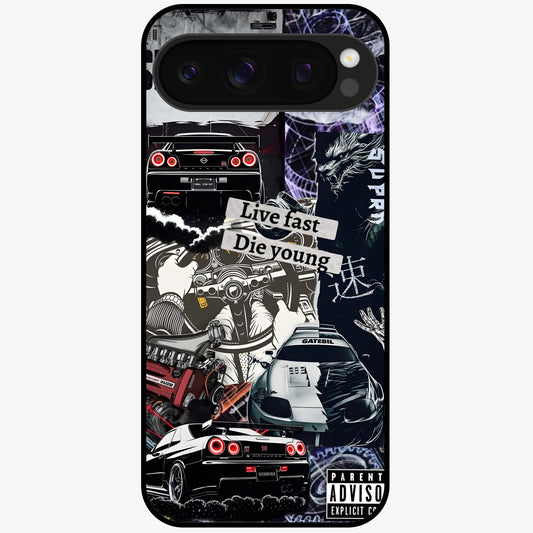 Die Young Glass Case showing flat back view with bold artistic typography design and glossy glass finish.