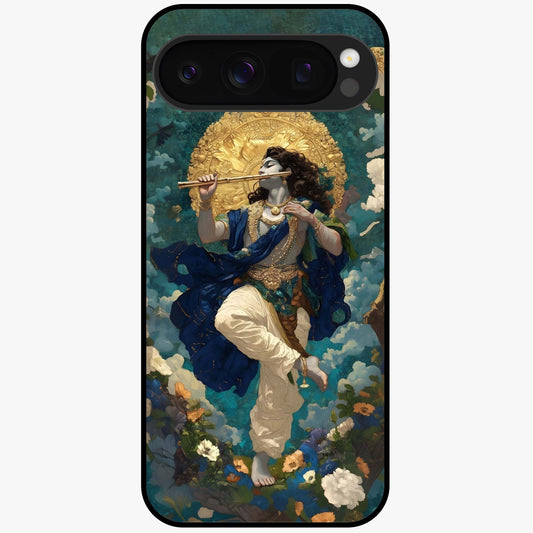 Divine Krishna Art Glass Case showing flat back view with Lord Krishna artwork and glossy glass finish.