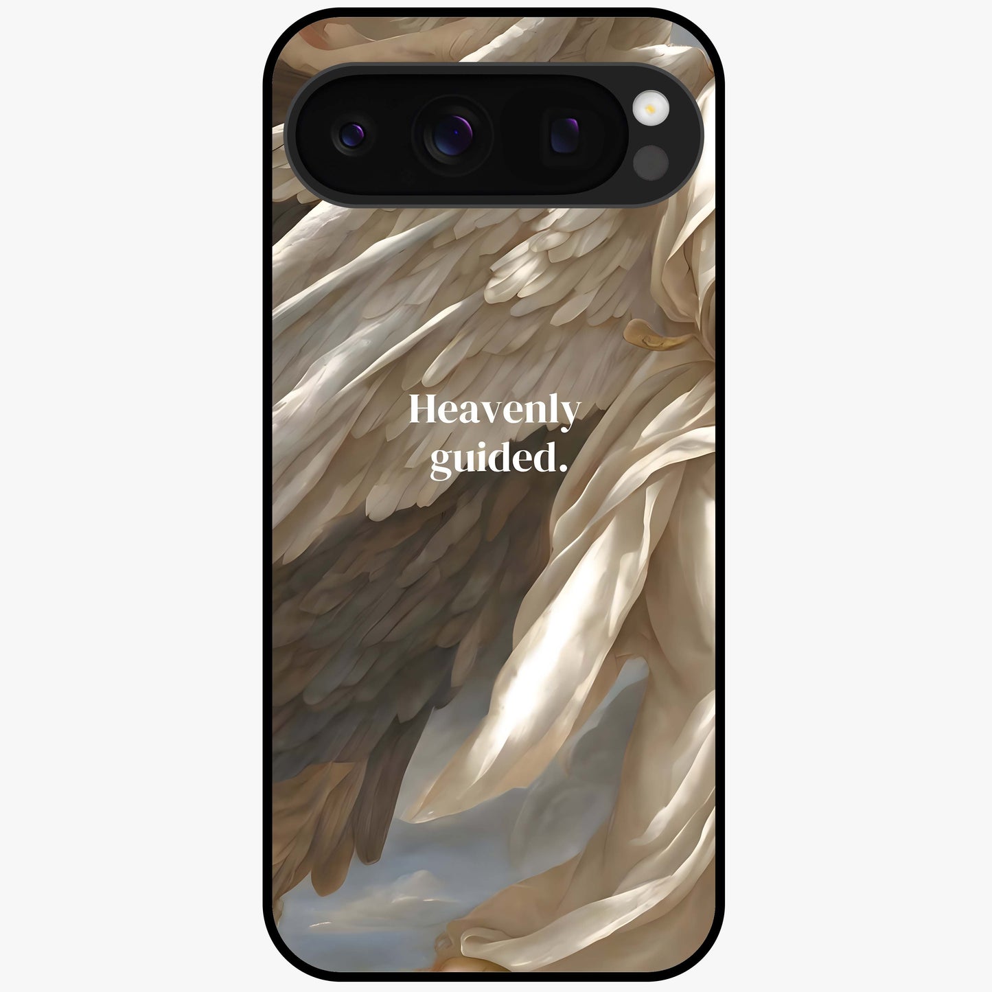 Divine Winged Grace Glass Case showing flat back view with elegant wing inspired artwork and glossy glass finish.
