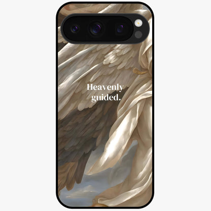 Divine Winged Grace Glass Case showing flat back view with elegant wing inspired artwork and glossy glass finish.