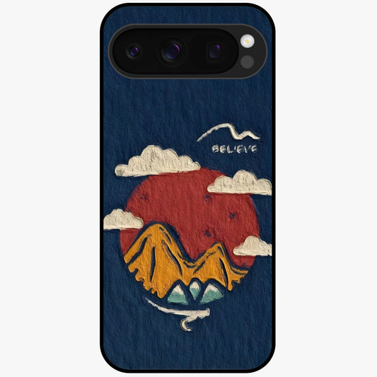 Dream Beyond Mountains Glass Case showing flat back view with scenic mountain landscape artwork and glossy glass finish.