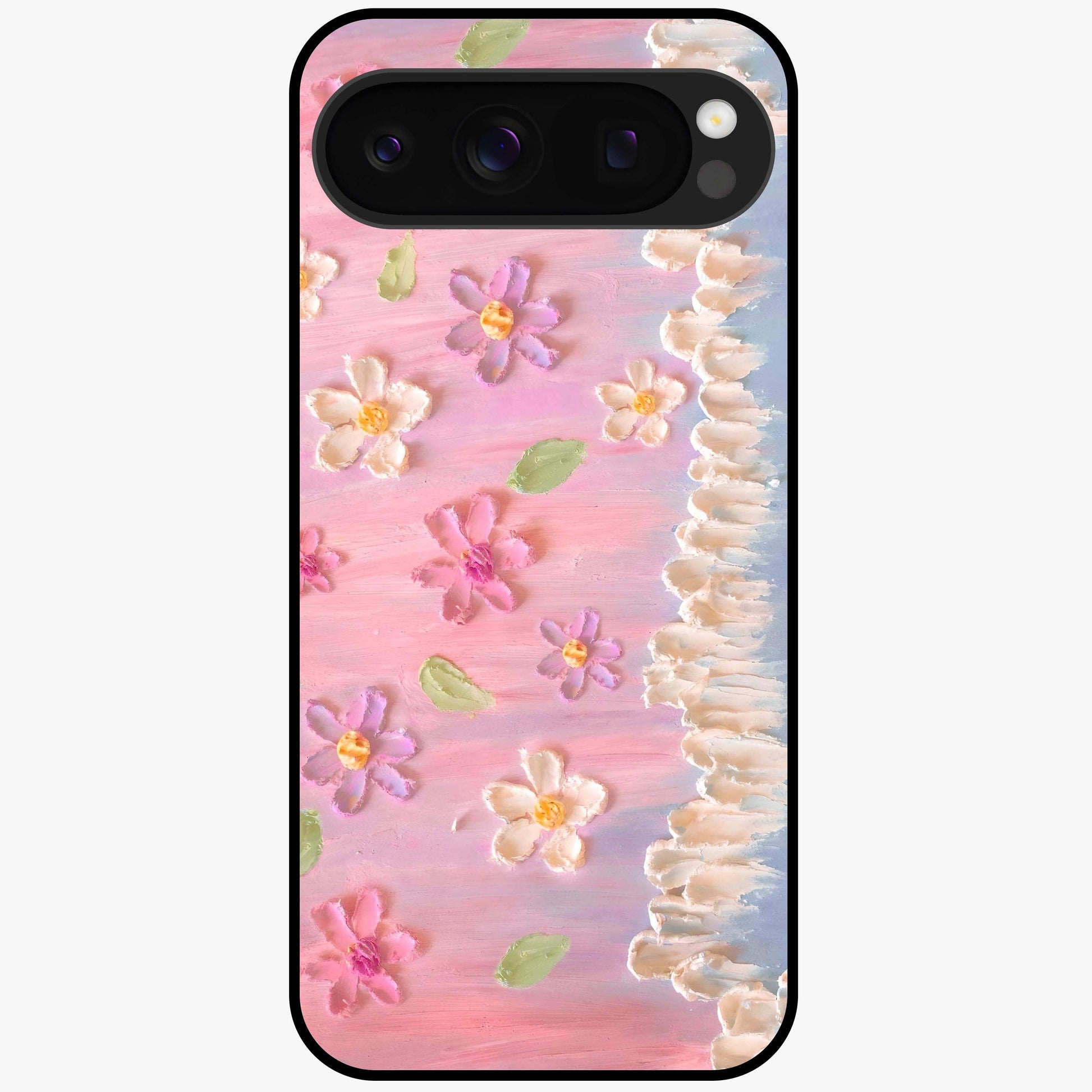 Dreamy Painted Garden Glass Case showing flat back view with artistic painted floral garden artwork and glossy glass finish.