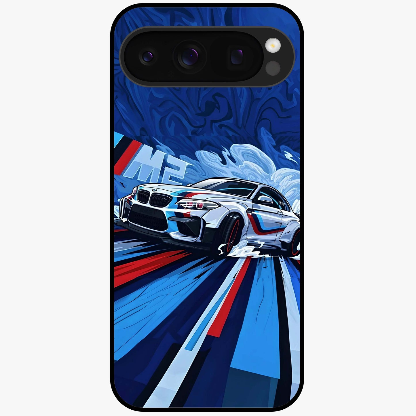 Drift Power Rush Glass Case showing flat back view with dynamic racing inspired artwork and glossy glass finish.