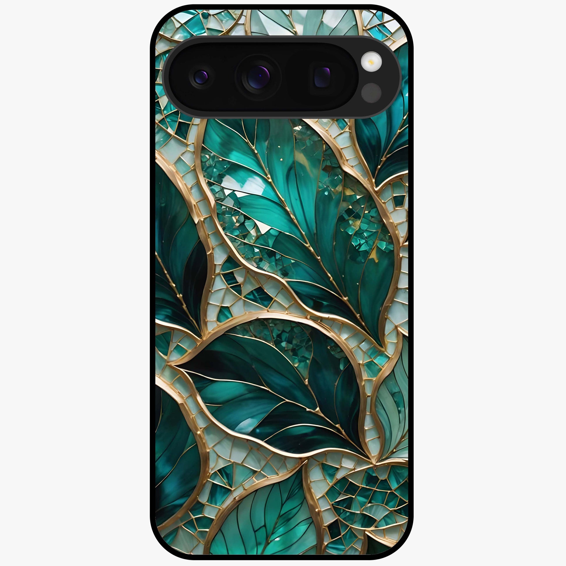 Emerald Leaf Glass Glass Case showing flat back view with emerald green leaf artwork and glossy glass finish.