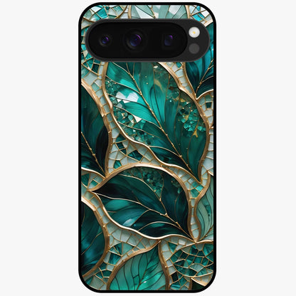 Emerald Leaf Glass Glass Case showing flat back view with emerald green leaf artwork and glossy glass finish.