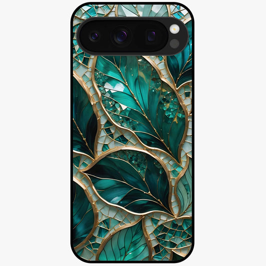 Emerald Leaf Glass Glass Case showing flat back view with emerald green leaf artwork and glossy glass finish.