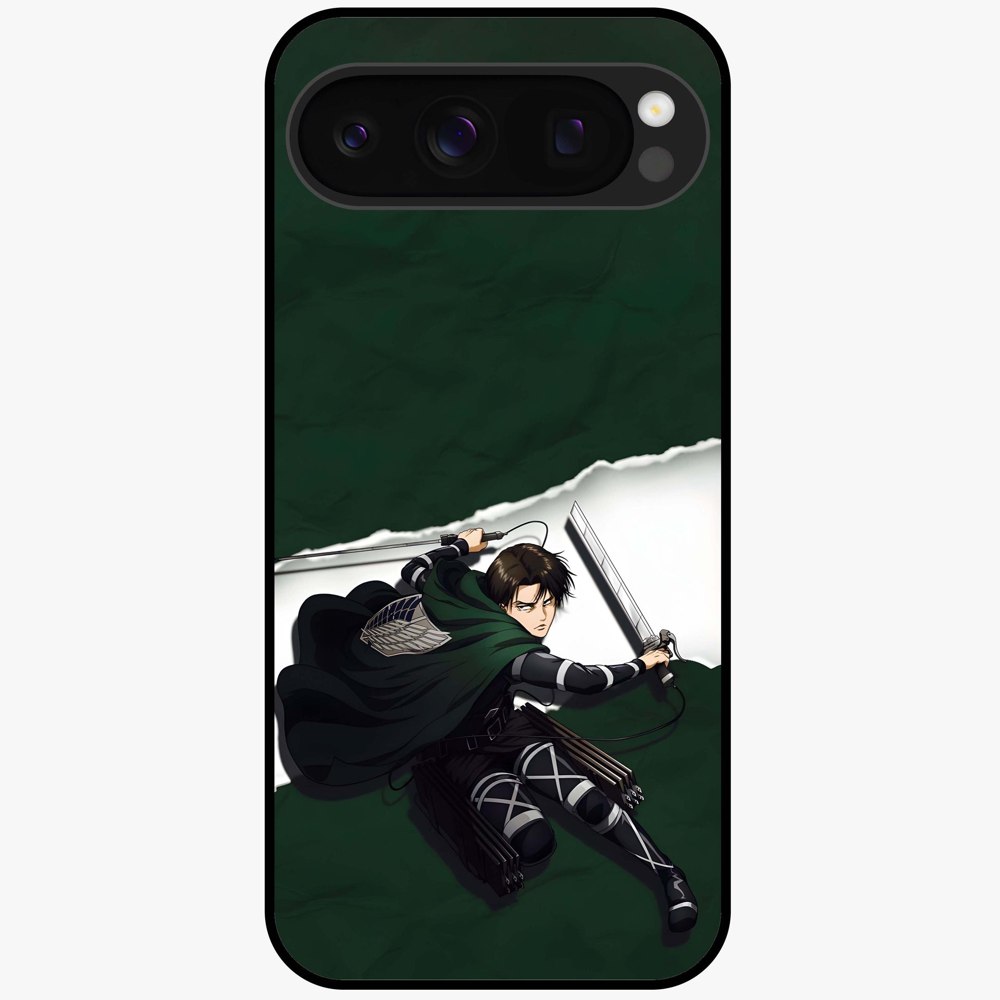 Emerald War Vanguard Glass Case showing flat back view with powerful warrior themed artwork and glossy glass finish.