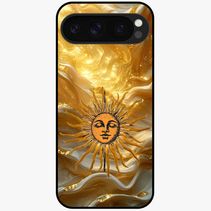 Eternal Golden Glow Glass Case showing flat back view with radiant golden themed artwork and glossy glass finish.