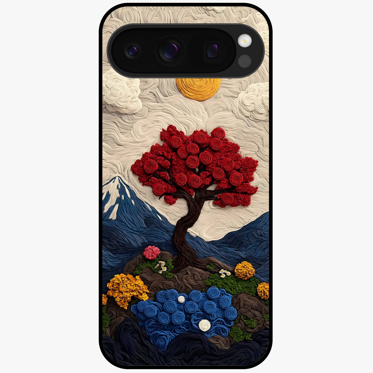Eternal Nature Tapestry Glass Case showing flat back view with intricate nature tapestry artwork and glossy glass finish.