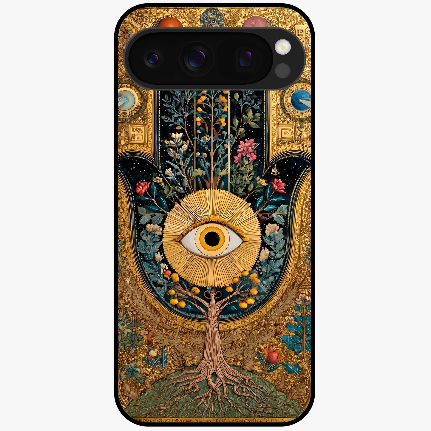 Ethereal Evil Eye Glass Case showing flat back view with mystical evil eye artwork and glossy glass finish.