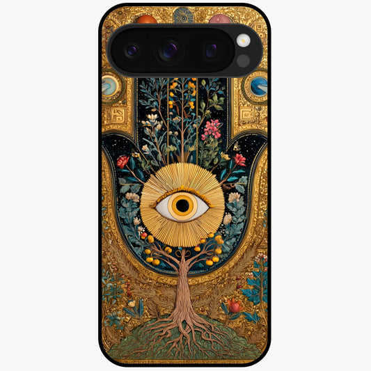 Ethereal Evil Eye Glass Case showing flat back view with mystical evil eye artwork and glossy glass finish.