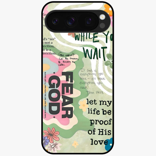Faith Over Fear Glass Case showing flat back view with motivational typography artwork and glossy glass finish.