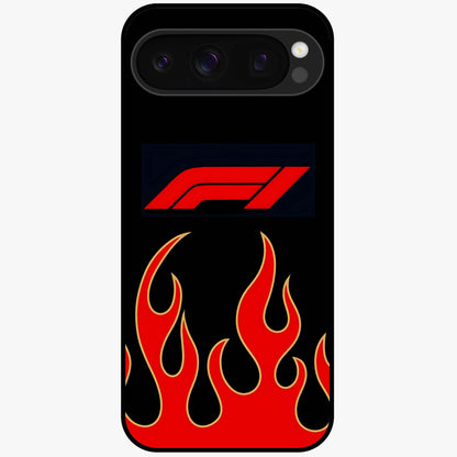 Fire F11 Glass Case showing flat back view with fiery themed artwork and glossy glass finish.