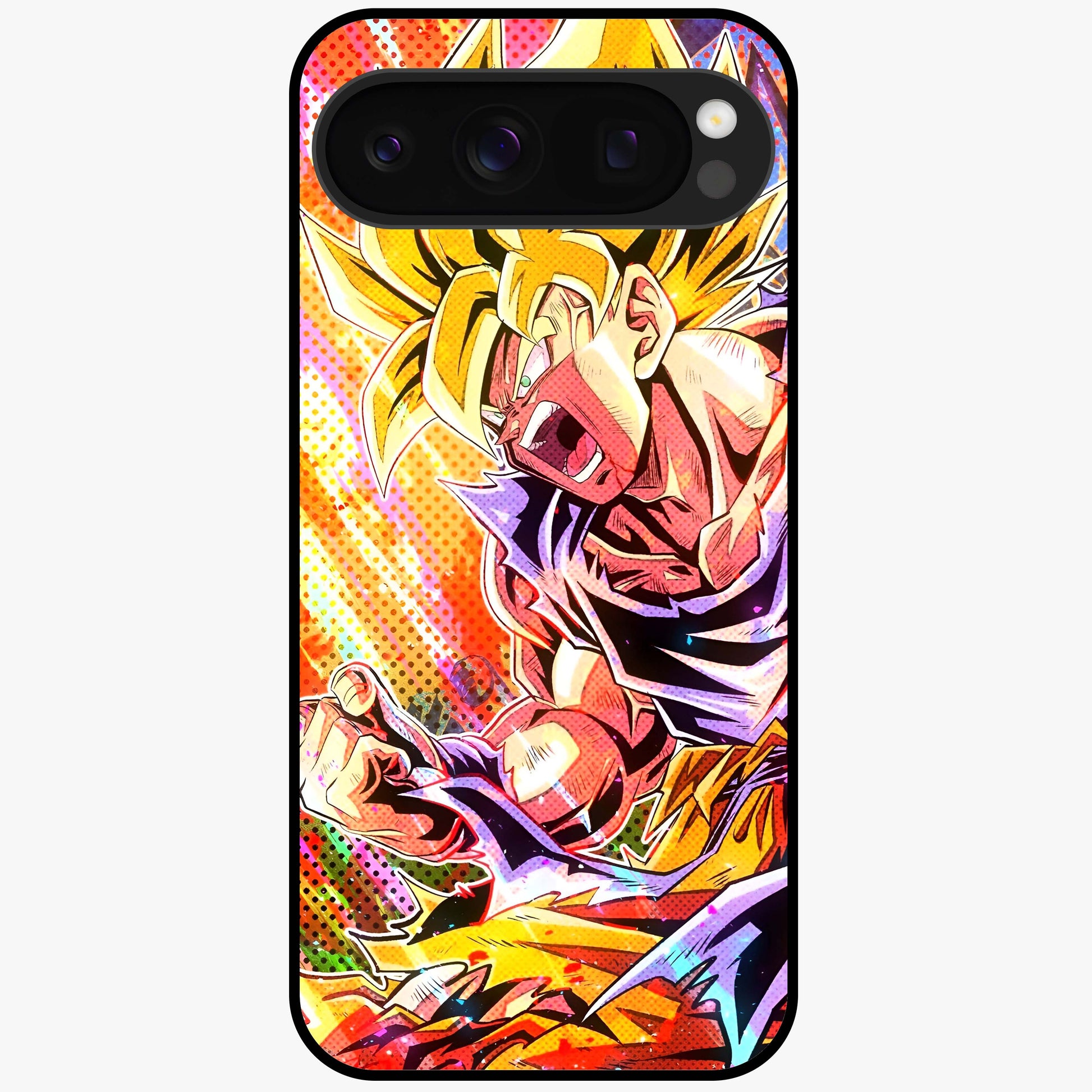 Firing Goku Glass Case showing flat back view with powerful anime inspired artwork and glossy glass finish.