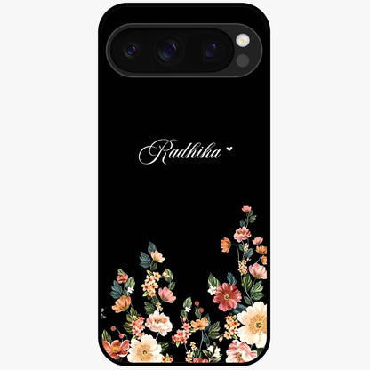 Floral Design With a Custom Personalized Name Glass Case showing flat back view with floral artwork and personalized name design.
