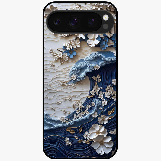 Floral Wave Origami Glass Case showing flat back view with origami inspired floral wave artwork and glossy glass finish.