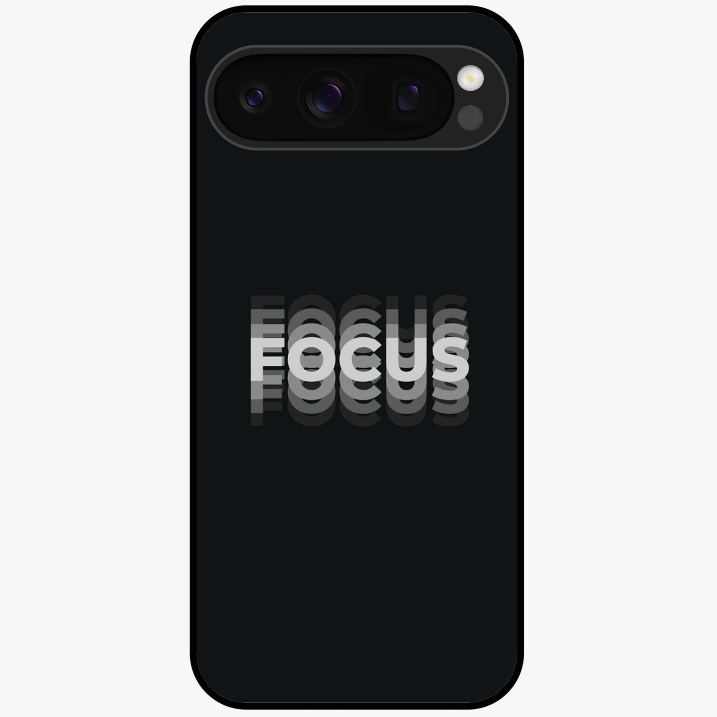 Focus Mode On Glass Case showing flat back view with bold motivational typography design and glossy glass finish.