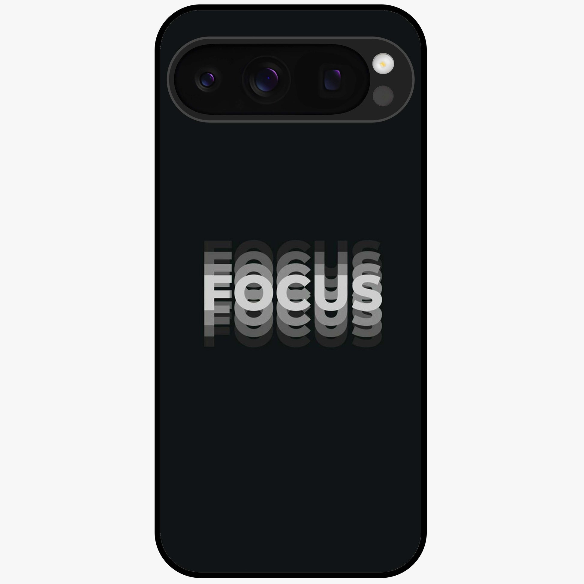 Focus Mode On Glass Case showing flat back view with bold motivational typography design and glossy glass finish.