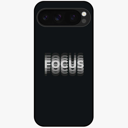 Focus Mode On Glass Case showing flat back view with bold motivational typography design and glossy glass finish.