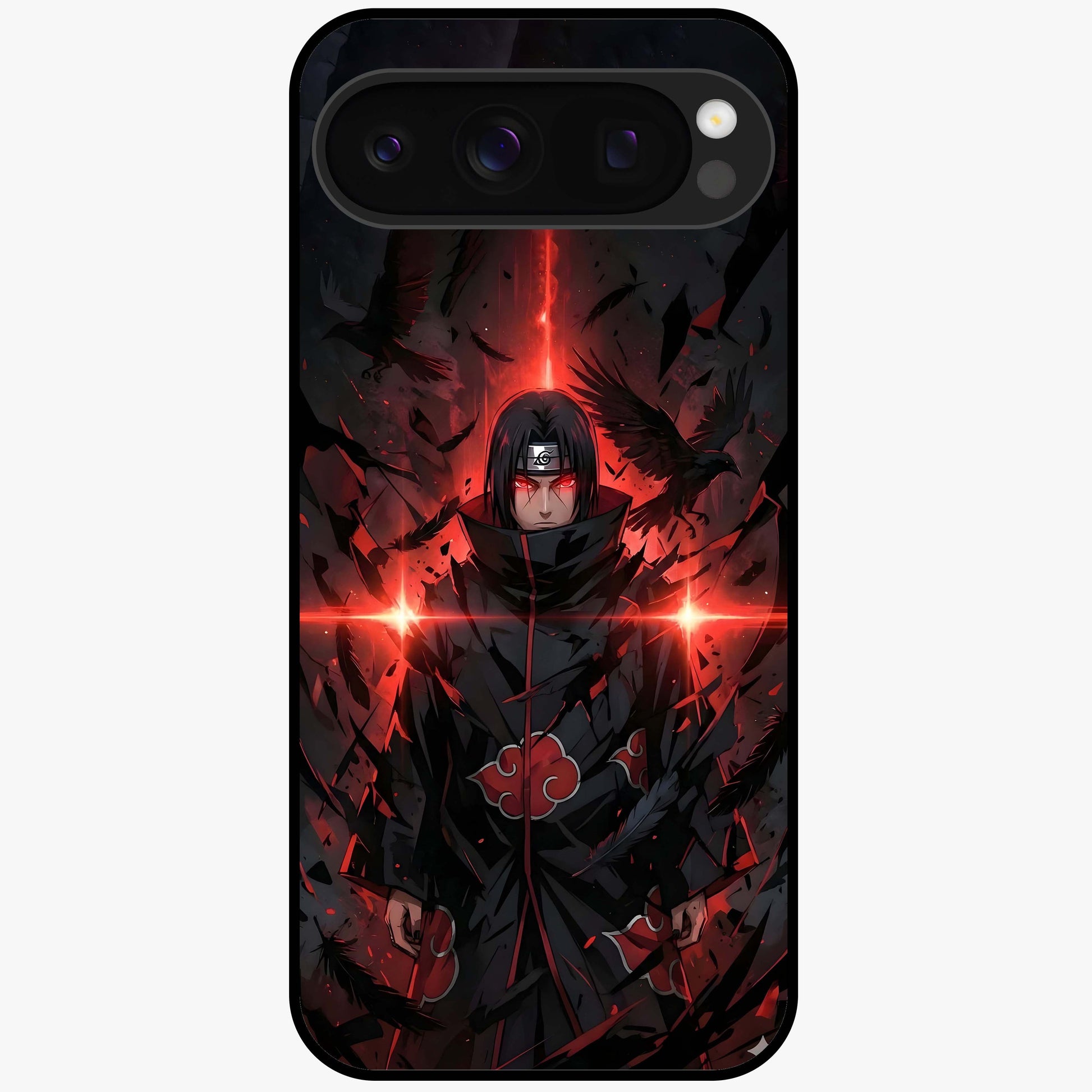 Focused Blade Discipline Glass Case showing flat back view with warrior sword themed artwork and glossy glass finish.