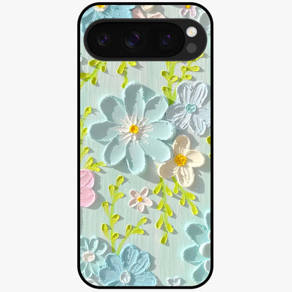 Frosted Petal Garden Glass Case showing flat back view with soft frosted floral artwork and glossy glass finish.