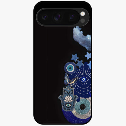 Galactic Charm Cluster Glass Case showing flat back view with glowing celestial charm artwork and glossy glass finish.