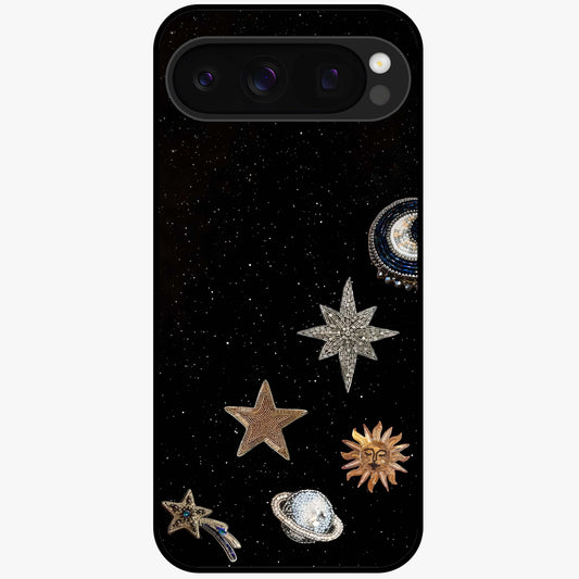 Galactic Charm Glow Glass Case showing flat back view with glowing celestial charm artwork and glossy glass finish.