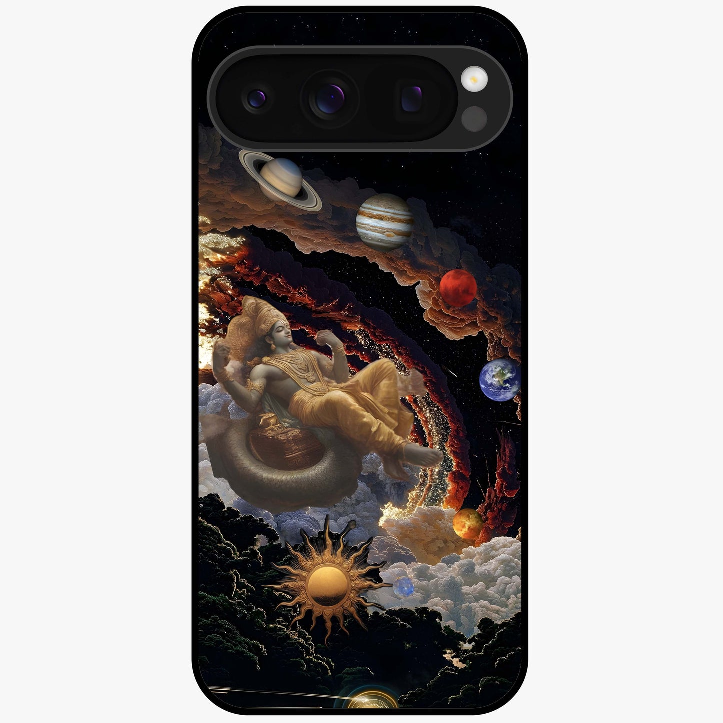 Galactic Divine God Glass Case showing flat back view with divine cosmic themed artwork and glossy glass finish.