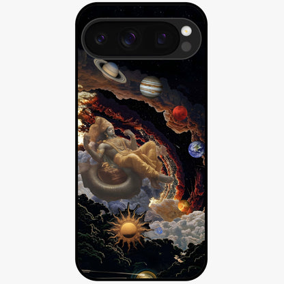 Galactic Divine God Glass Case showing flat back view with divine cosmic themed artwork and glossy glass finish.