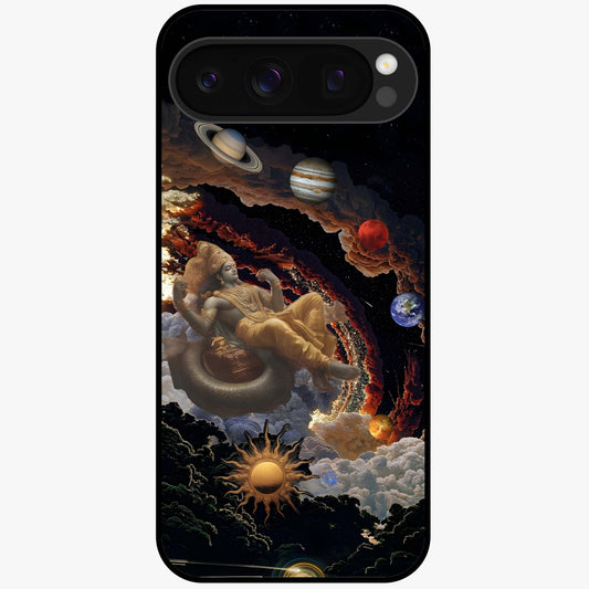 Galactic Divine God Glass Case showing flat back view with divine cosmic themed artwork and glossy glass finish.
