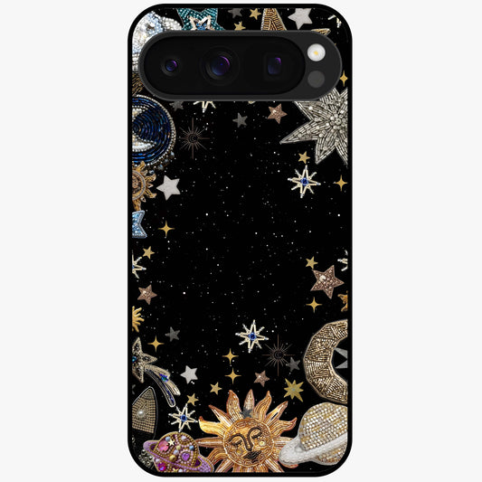 Galactic Jewel Stars Glass Case showing flat back view with sparkling star jewel artwork and glossy glass finish.