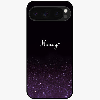 Glittery Purple Bokeh Custom Name Glass Case showing flat back view with purple bokeh sparkle artwork and personalized name design.