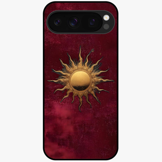Gold Sun Blush Glass Case showing flat back view with golden sun inspired artwork and glossy glass finish.