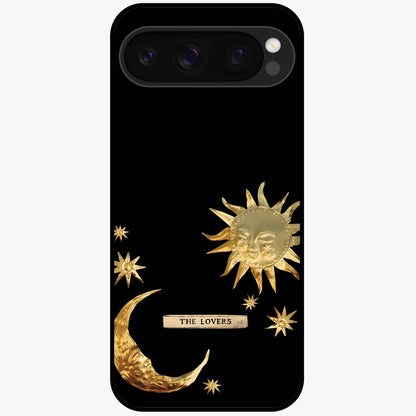 Golden Celestial Charm Glass Case showing flat back view with golden celestial charm artwork and glossy glass finish.