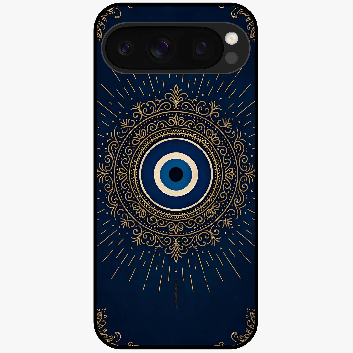 Golden Evil Eye Mandala Glass Case showing flat back view with intricate evil eye mandala artwork and glossy glass finish.
