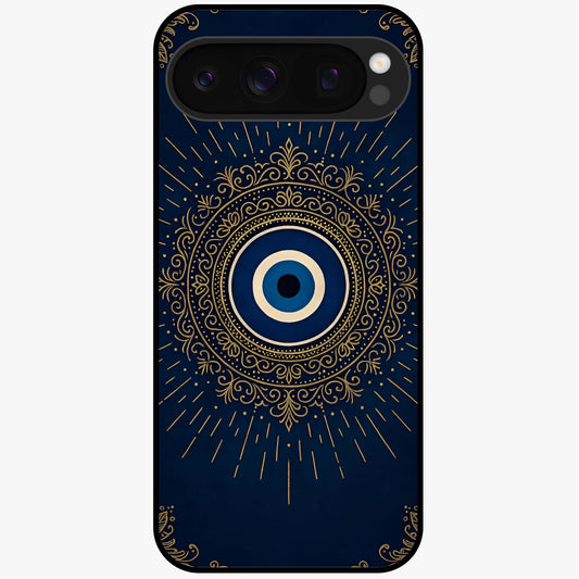 Golden Evil Eye Mandala Glass Case showing flat back view with intricate evil eye mandala artwork and glossy glass finish.