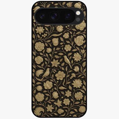Golden Floral Majesty Glass Case showing flat back view with luxurious golden floral artwork and glossy glass finish.