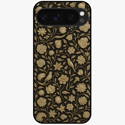 Golden Floral Majesty Glass Case showing flat back view with luxurious golden floral artwork and glossy glass finish.