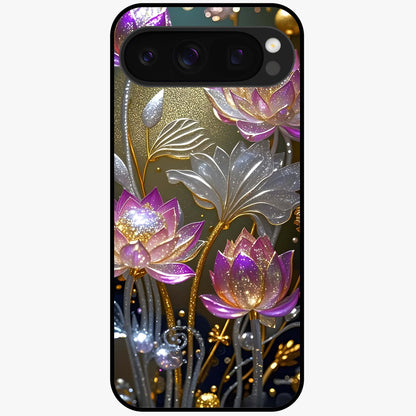 Golden Lotus Glow Glass Case showing flat back view with glowing lotus flower artwork and glossy glass finish.
