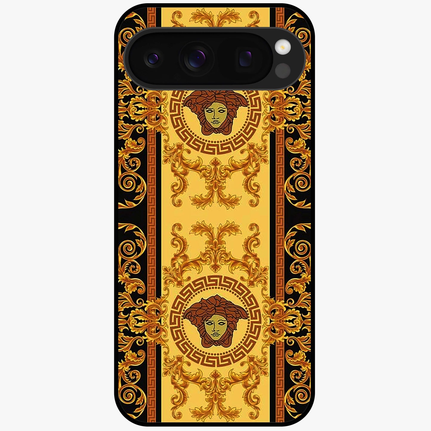Golden Royal Heritage Glass Case showing flat back view with ornate royal pattern artwork and glossy glass finish.