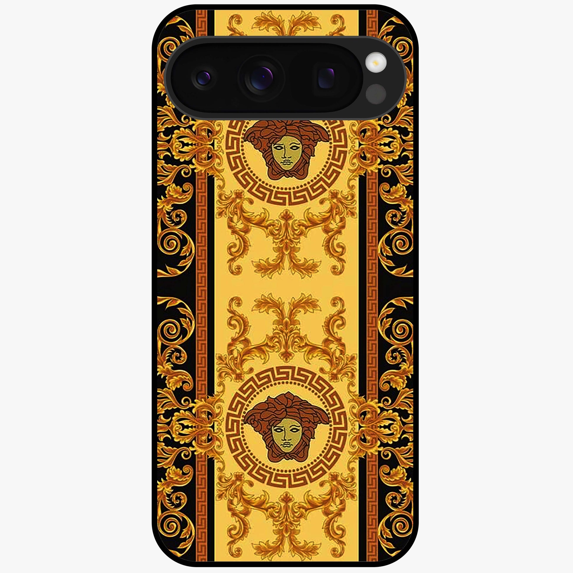 Golden Royal Heritage Glass Case showing flat back view with ornate royal pattern artwork and glossy glass finish.