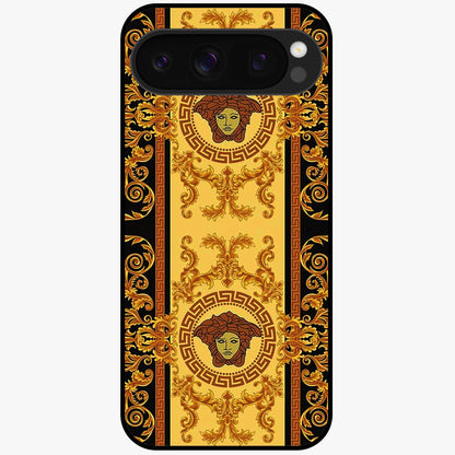 Golden Royal Heritage Glass Case showing flat back view with ornate royal pattern artwork and glossy glass finish.