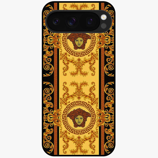 Golden Royal Heritage Glass Case showing flat back view with ornate royal pattern artwork and glossy glass finish.