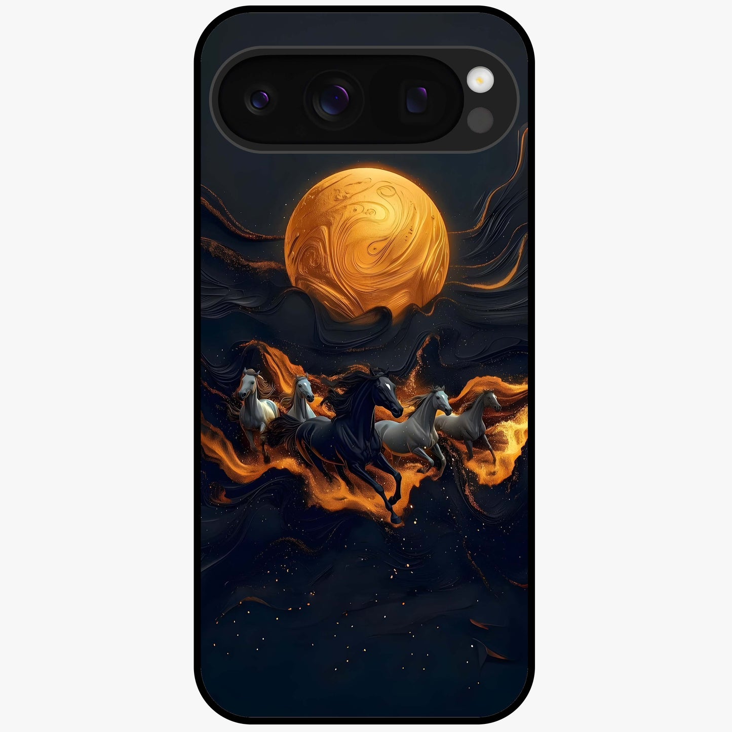 Golden Stallion Moonride Glass Case showing flat back view with majestic horse under moonlight artwork and glossy glass finish.