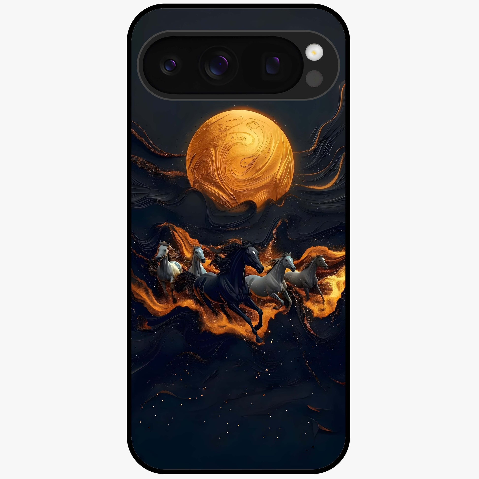 Golden Stallion Moonride Glass Case showing flat back view with majestic horse under moonlight artwork and glossy glass finish.