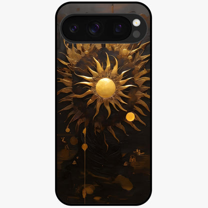 Golden Sun Majesty Glass Case showing flat back view with radiant golden sun artwork and glossy glass finish.